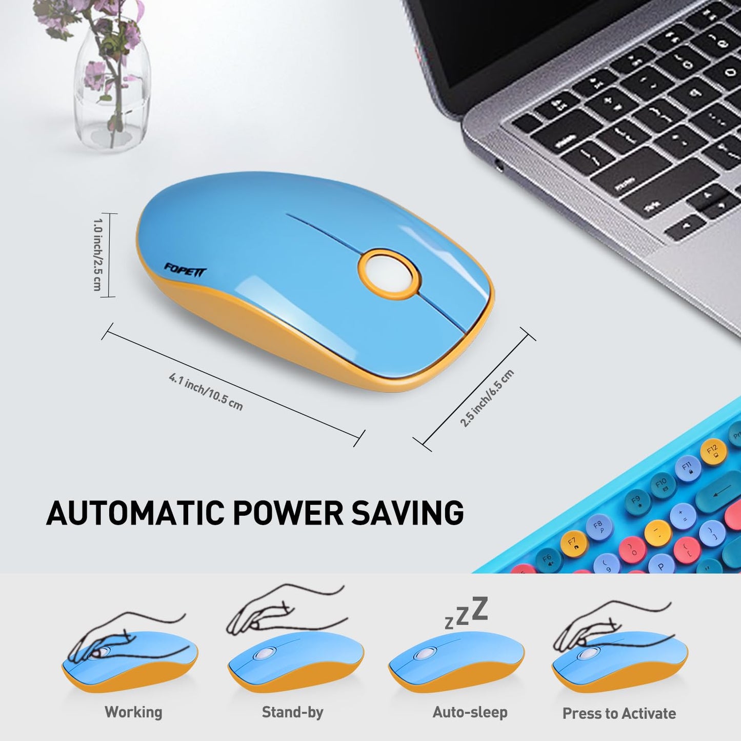 FOPETT 2.4GHz Wireless Keyboard and Mouse Set with Switch Button - Full-Size Keyboard - Compatible for Windows/Laptop/PC/Notebook/Smart TV and More - Blue Colorful