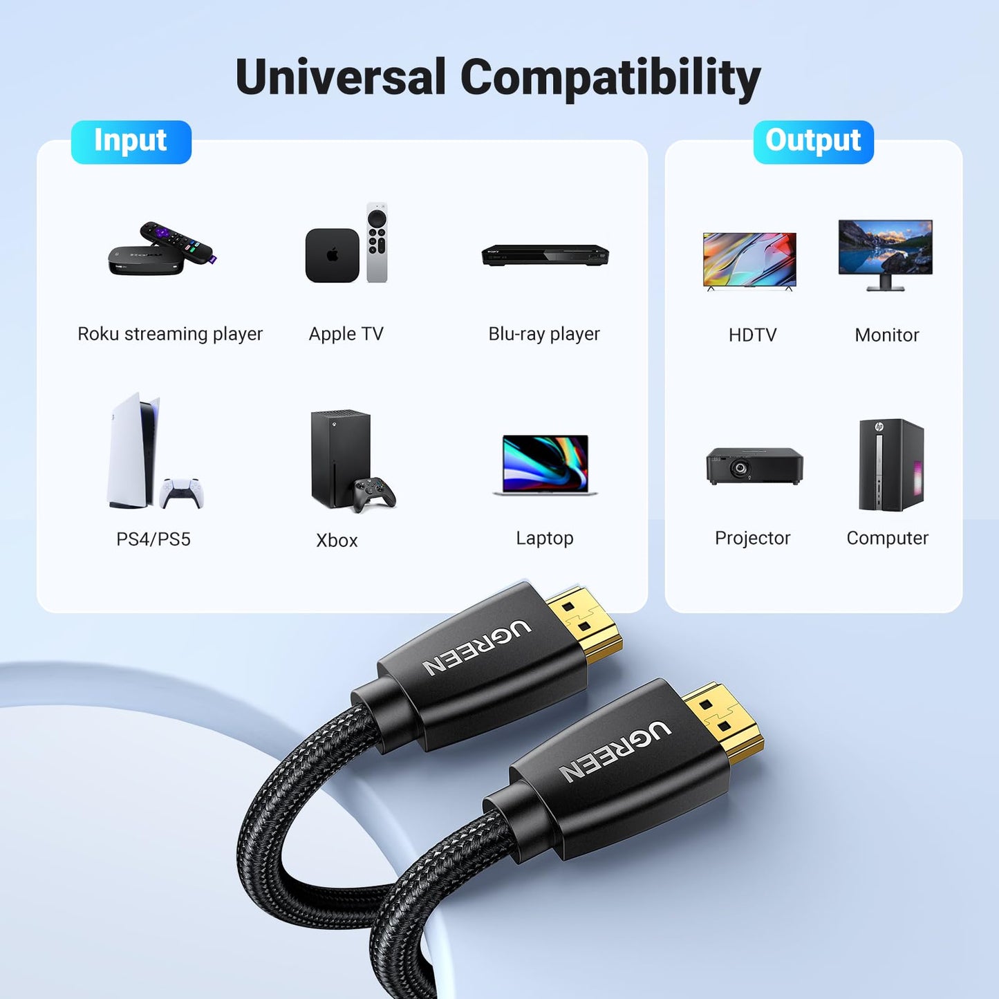 UGREEN 4K HDMI Cable 10FT Braided High Speed 18Gbps HDMI Cord with Ethernet Support 4K 60Hz 2160P 1080P 3D ARC Compatible with UHD TV Monitor Computer Xbox 360 PS5 PS4 Blu-ray and More