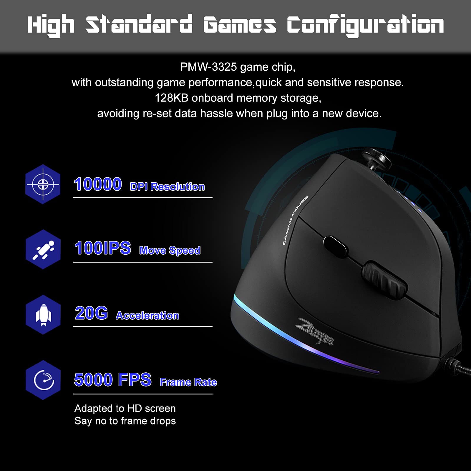 TRELC Gaming Mouse with 5 D Rocker, Ergonomic Mouse with 10000 DPI/11 Programmable Buttons, RGB Vertical Gaming Mice Wired for PC/Laptop/E-Sports/Gamer (Black) - amzGamess