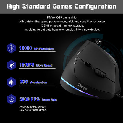 TRELC Gaming Mouse with 5 D Rocker, Ergonomic Mouse with 10000 DPI/11 Programmable Buttons, RGB Vertical Gaming Mice Wired for PC/Laptop/E-Sports/Gamer (Black) - amzGamess