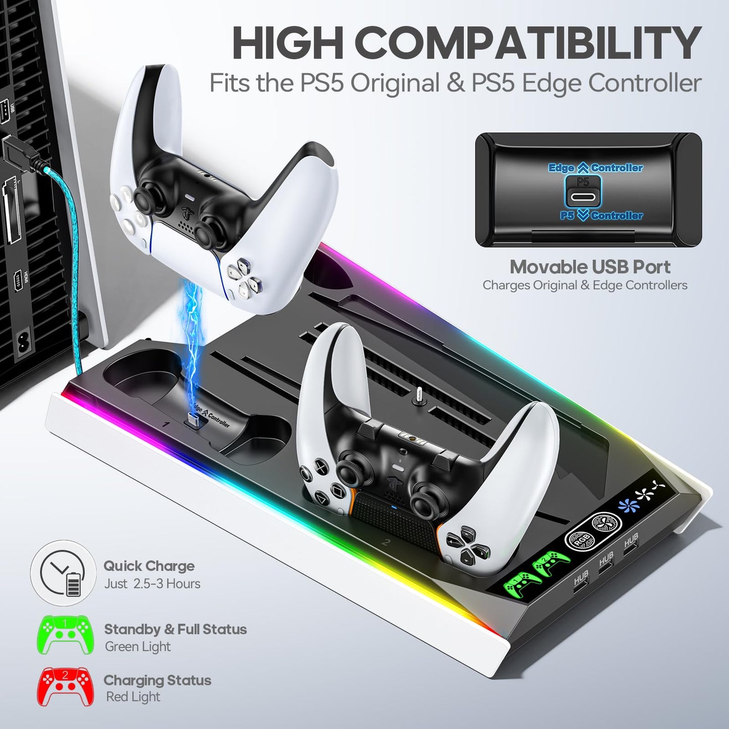PS5 Stand for PS5 Slim Disc/PS5 Disc & Digital, 3-Level Cooling Station and RGB LED with Controller Charger for PS5 & Edge Controller, PS5 Accessories with 3 Charging Ports (Not Fit PS5 Slim Digital) - amzGamess