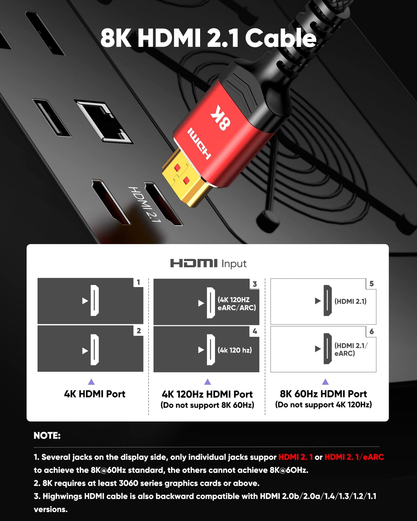 Highwings 8K 10K HDMI 2.1 Cable 6.6FT/2M 2-Pack, Certified Ultra High Speed HDMI® Cable Braided Cord-4K@120Hz 8K@60Hz, DTS:X, HDCP 2.2 & 2.3, HDR 10 Compatible with Roku TV/PS5/HDTV/Blu-ray