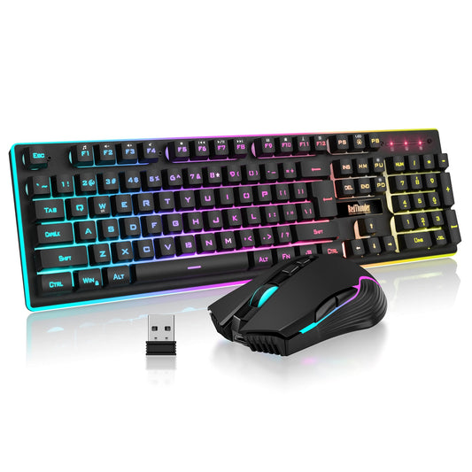 RedThunder K10 Wireless Gaming Keyboard and Mouse Combo, LED Backlit Rechargeable 3800mAh Battery, Mechanical Feel Anti-ghosting Keyboard + 7D 3200DPI Mice for PC Gamer (Black) - amzGamess