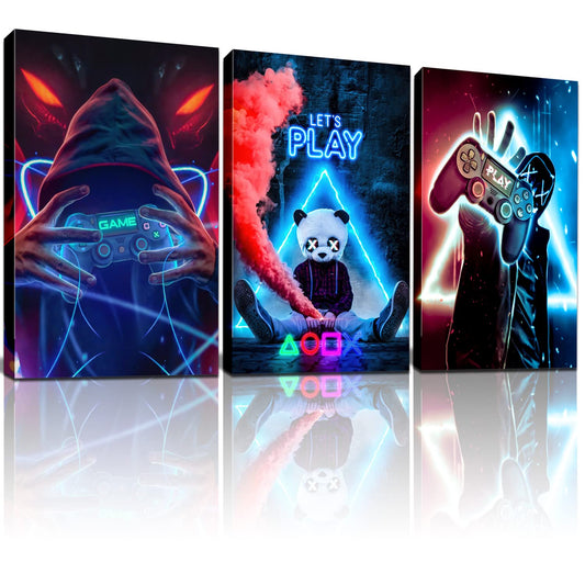 Framed 3 Piece Game Room Decorative Wall Art Video Game Theme Canvas Neon Poster Print Picture Children Youth Art Game Player Print Boys Decorative Game Room Boys Bedroom Residence 12 "W x 16 "H