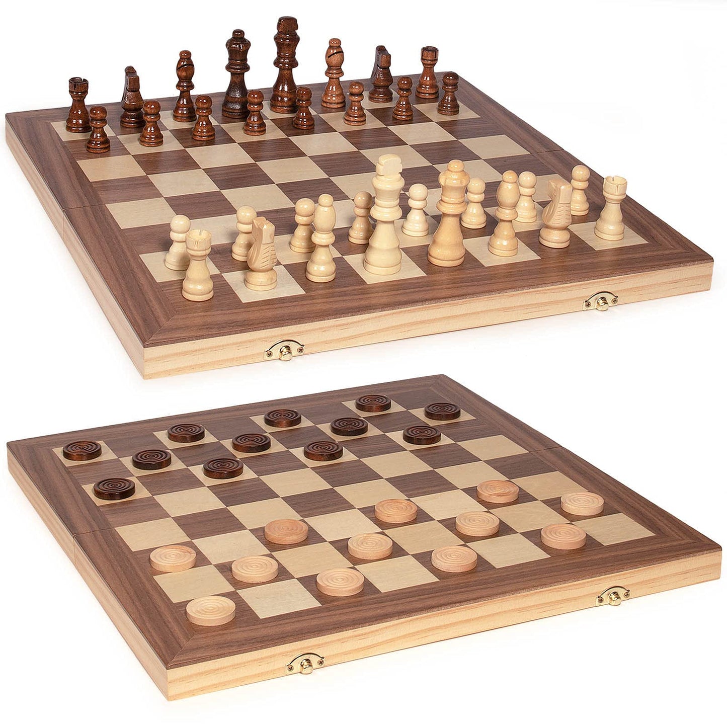 AMEROUS 15'' Wooden Chess & Checkers Set, 2 in 1 Board Games -2 Extra Queens -24 Cherkers Pieces - Gift Box Packed - Chessmen Storage Slots, Beginner Chess Set for Kids and Adults