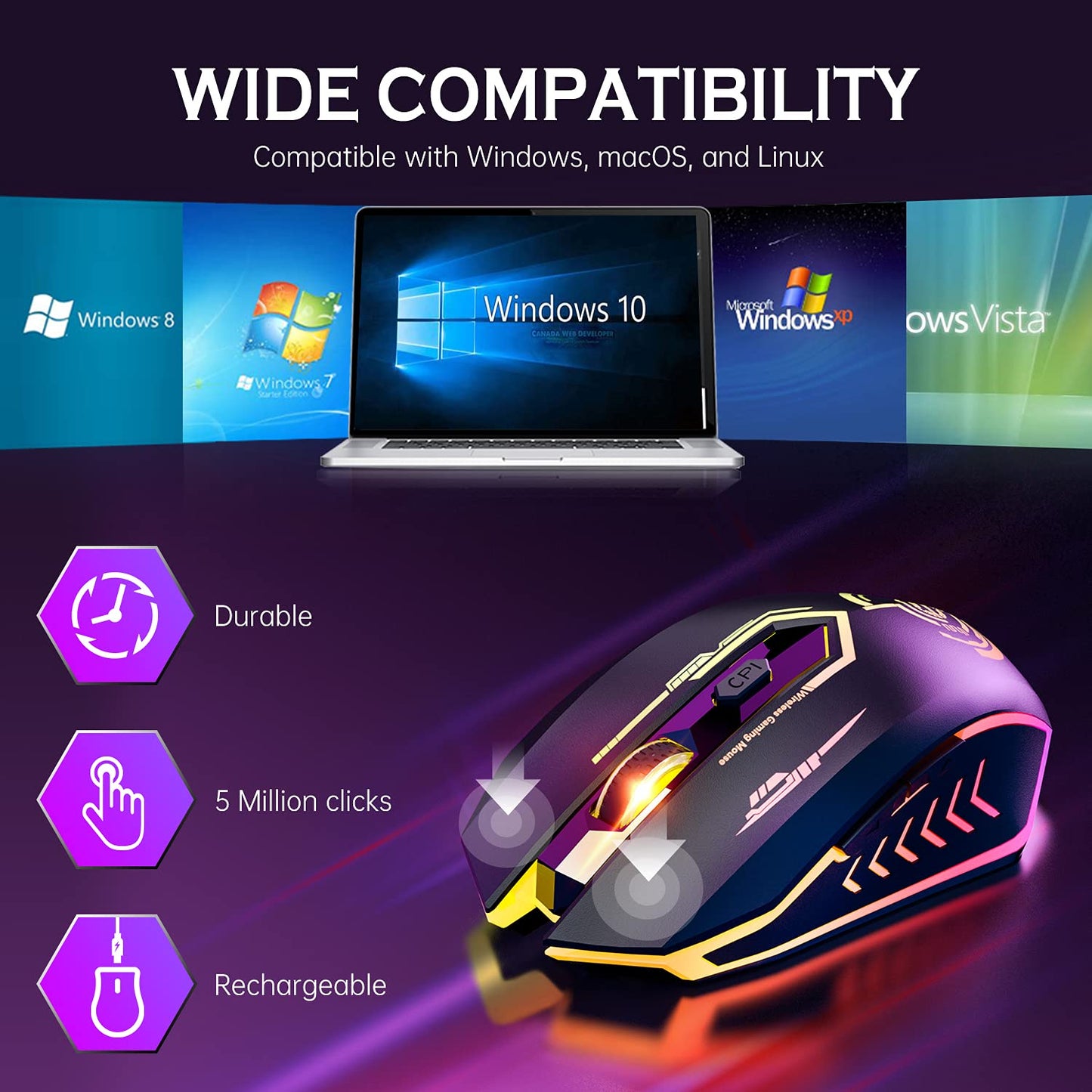 UHURU Wireless Gaming Mouse Up to 10000 DPI, Rechargeable USB Wireless Mouse with 6 Buttons 7 Dynamic LED Color Ergonomic Programmable MMO RPG for PC Laptop, Compatible with Windows Mac - amzGamess