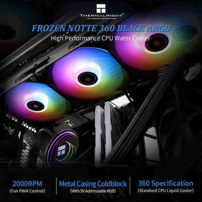 Thermalright Frozen Notte 360 Black ARGB Water Cooling CPU Cooler, 360 Black CPU Cooler Specifications, 3×120mm PWM Fans, S-FDB V2 Bearings, Suitable for AMD/AM4/AM5, Intel 1700/1150/1151/1200/2011