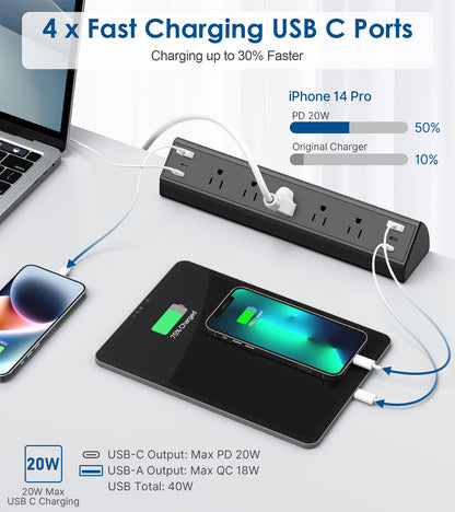 40W Fast Charging Station, Desk Clamp Power Strip with 4 PD USB-C Ports, 5 AC Outlets and 6ft Cord, Fits 1.6" Tabletop Edge