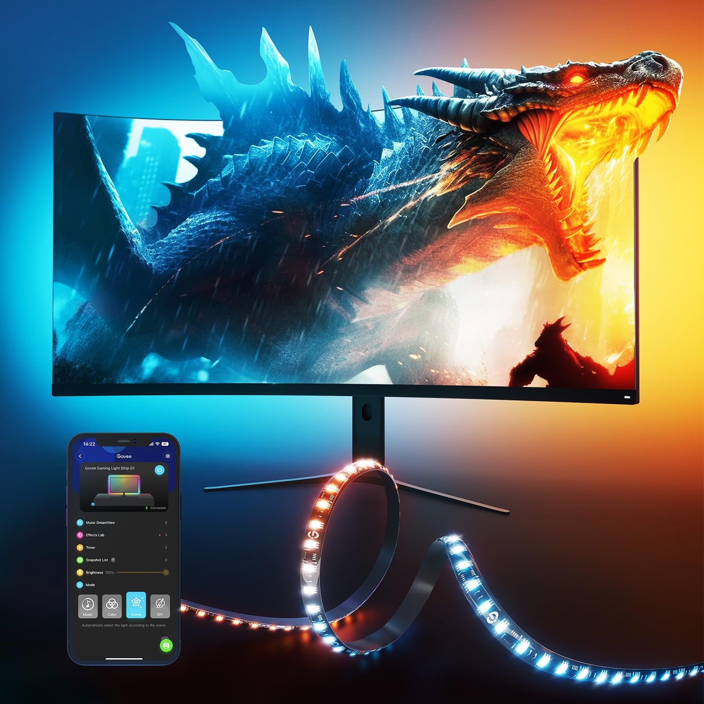 Govee Gaming Light Strip G1 Monitor Backlight for 27-34 Inch PC, Smart RGBIC WiFi LED Lights for Monitors with Color Matching, Adapts to Curved Monitors, Double Strip Light Beads with 123 Scene Modes