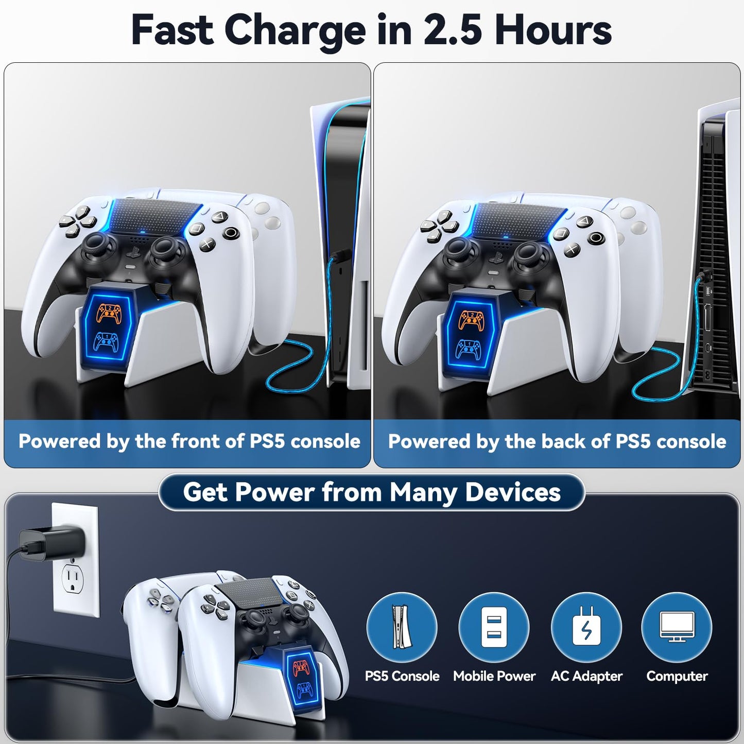 PS5 Controller Charger Station Compatible with Playstation 5 Storage Edge & Dual Controller, PS5 Accessories Charging Station with Charging Cable, PS5 Charging Dock Stand with LED Indicators, White - amzGamess