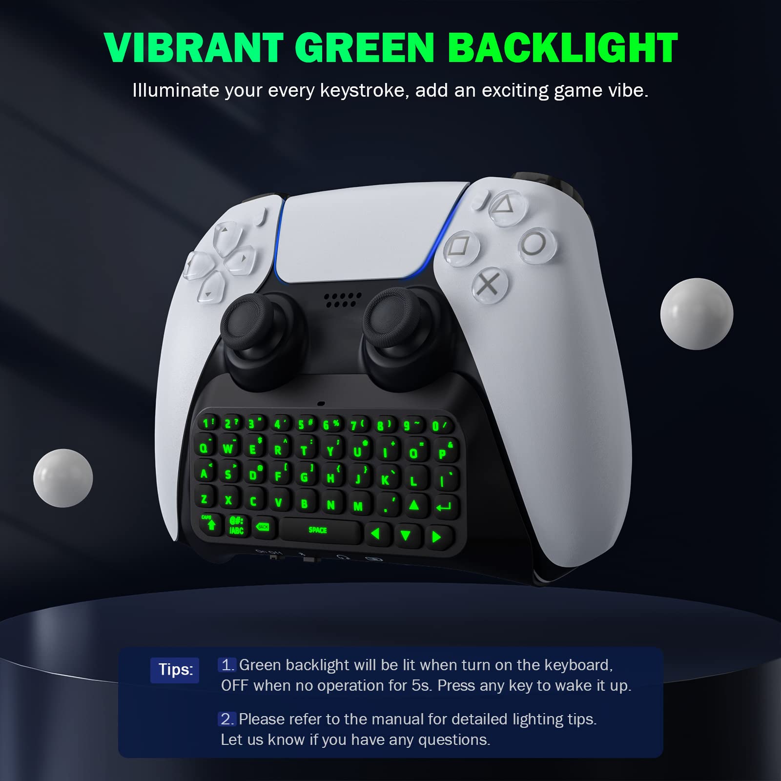 MoKo Keyboard for PS5 Controller with Green Backlight, Bluetooth Wireless Mini Keypad Chatpad for Playstation 5, Built-in Speaker & 3.5mm Audio Jack for PS5 Controller Accessories - amzGamess