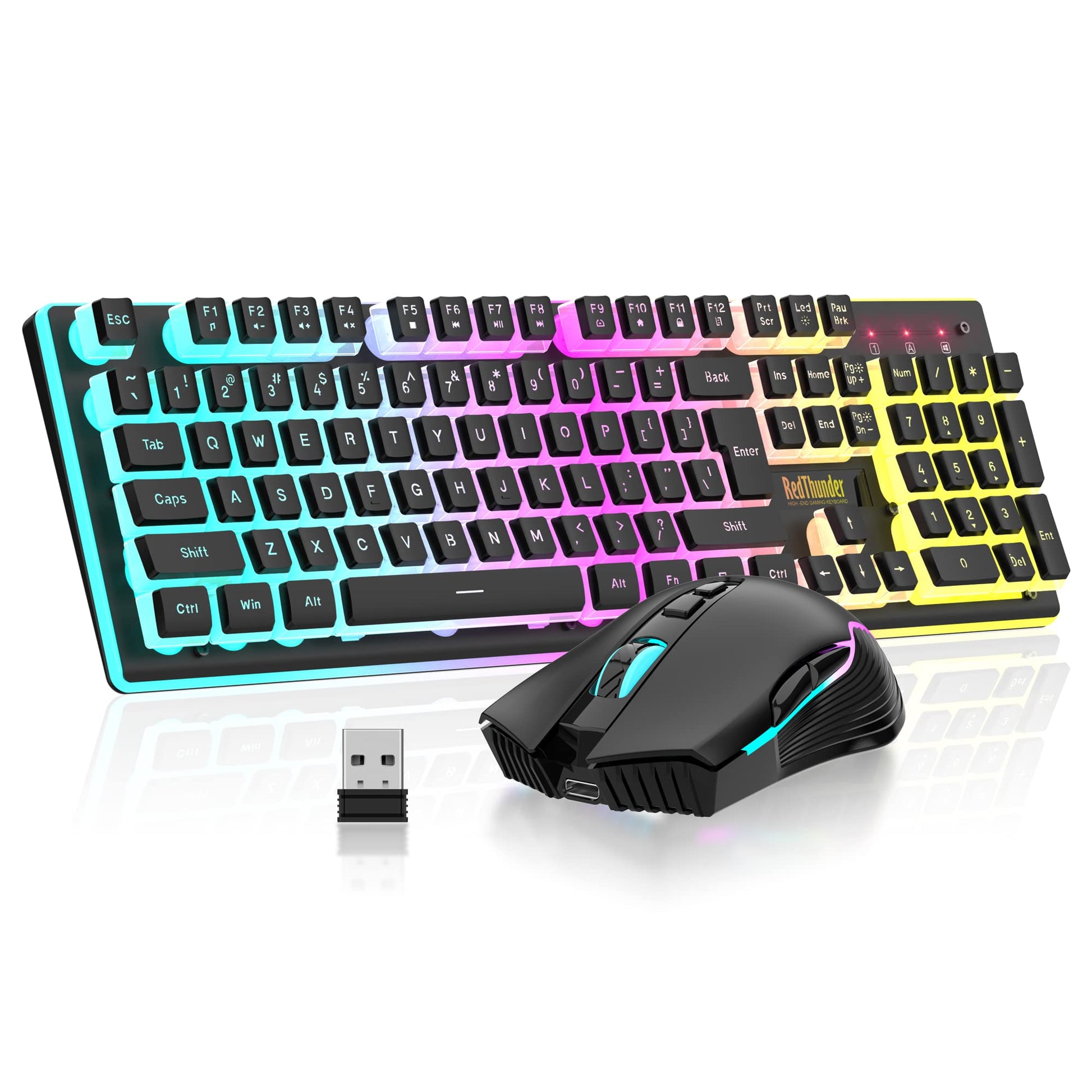 RedThunder K10 Wireless Gaming Keyboard and Mouse Combo, RGB Backlit Rechargeable 3800mAh Battery, Mechanical Feel Anti-ghosting Keyboard with Pudding Keycaps + 7D 3200DPI Mice for PC Gamer (Black) - amzGamess