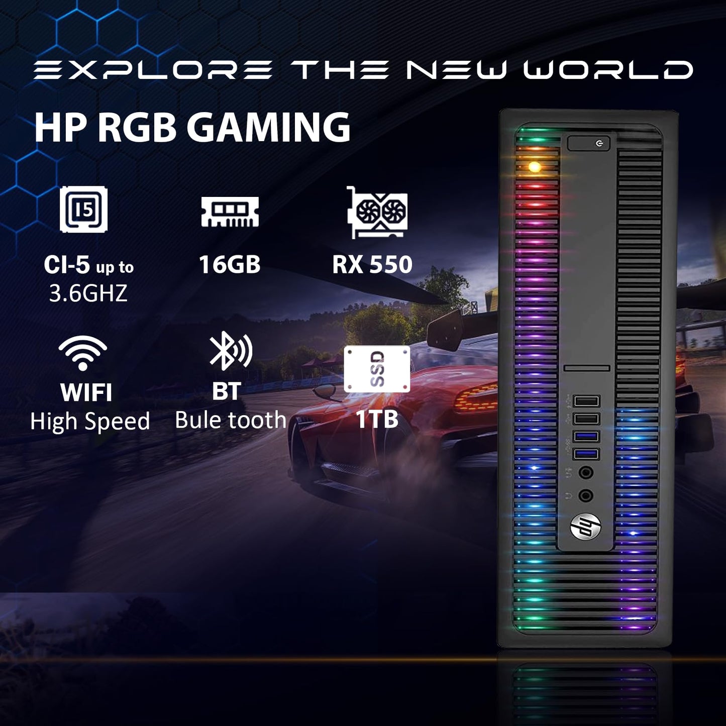 HP RGB Gaming Desktop Computer, Intel Quad Core I5-6500 up to 3.6GHz, Radeon RX 550 4G, 16GB DDR4, 1T SSD, RGB Keyboard & Mouse, 600M WiFi & Bluetooth, Win 10 Pro (Renewed)