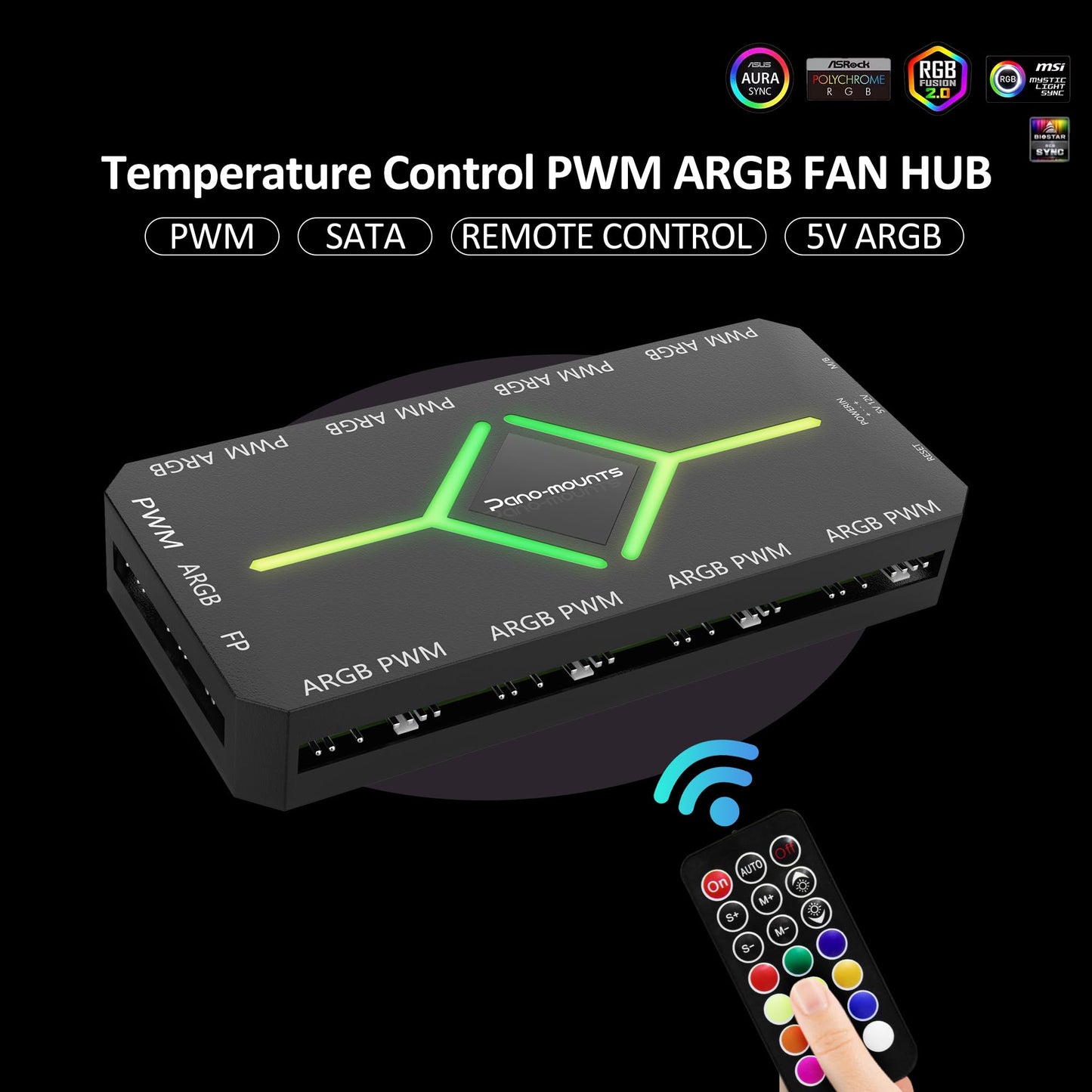 PWM Fan Hub for 5V Addressable ARGB Computer PC Case Fan PWM 1 to 9 Ports Magnetic Fan Hub Splitter with Remote SATA Power Supply Black