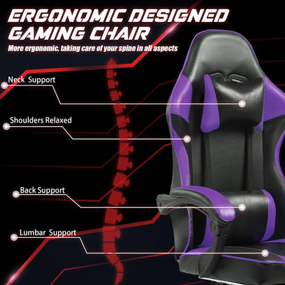 Video Game Chair for Adults, Computer Chair Gaming Chairs for Kids, Adjustable Lumbar Pillow Headrest Office Desk Chair Gamer Chair with Footrest, Purple