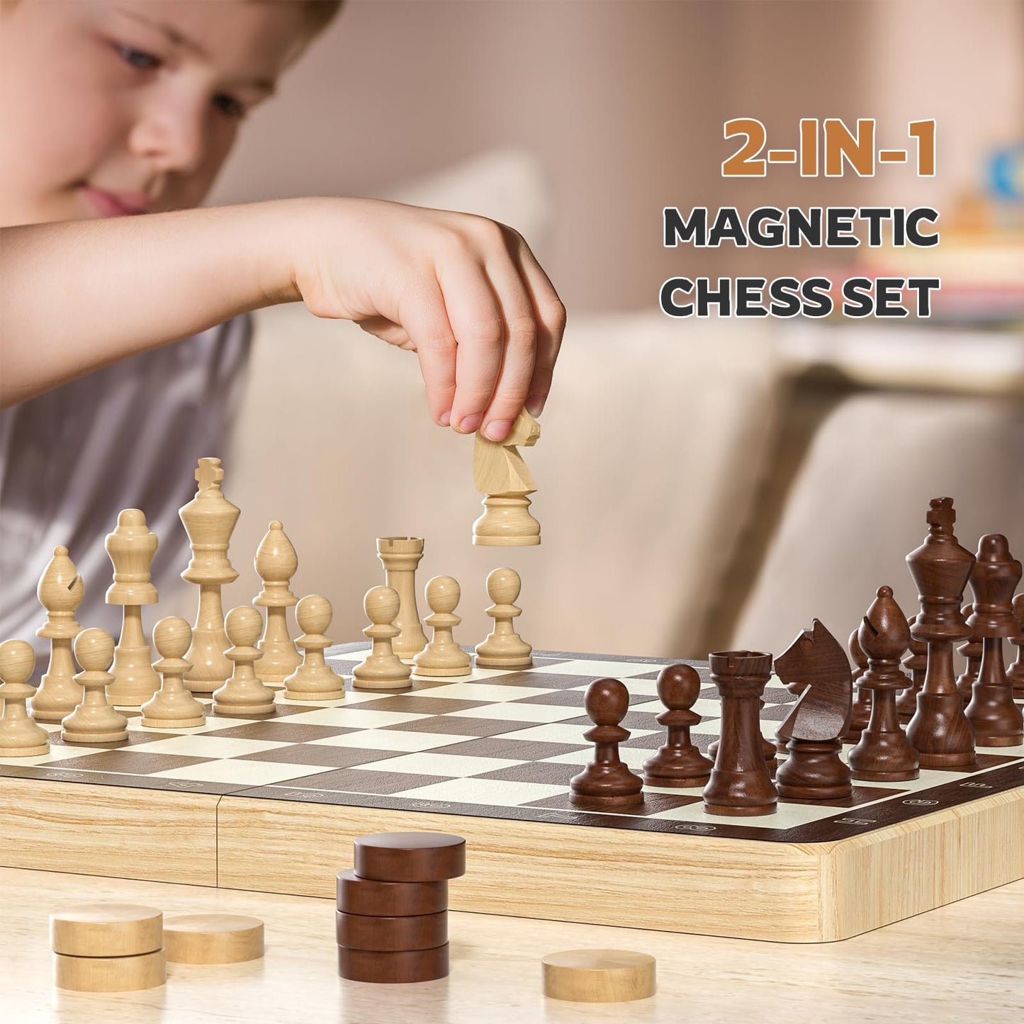 Magnetic Chess Set with Checkers - Meuzhen 16" Wooden Chess Board Game Travel Chess for Adults & Kids, Gift for Men Women, Chess Gift Toys for Boys Girls 4-8-12