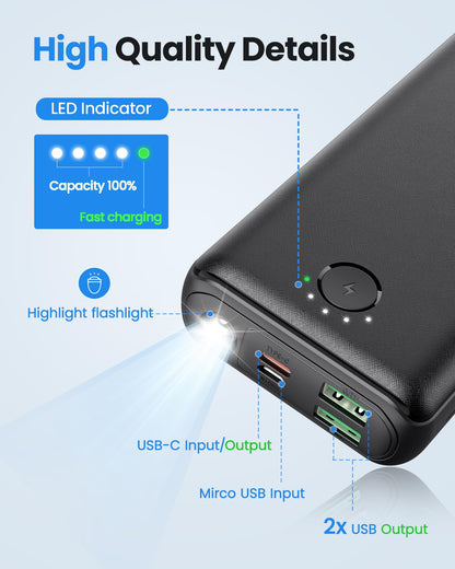 Portable Charger Power Bank 30000mAh - USB C 22.5W Fast Charging External Battery Pack Charging Bank PD QC4.0 with Flashlight 3 Outputs & 2 Inputs Phone Charger for iPhone Samsung Galaxy iPad etc