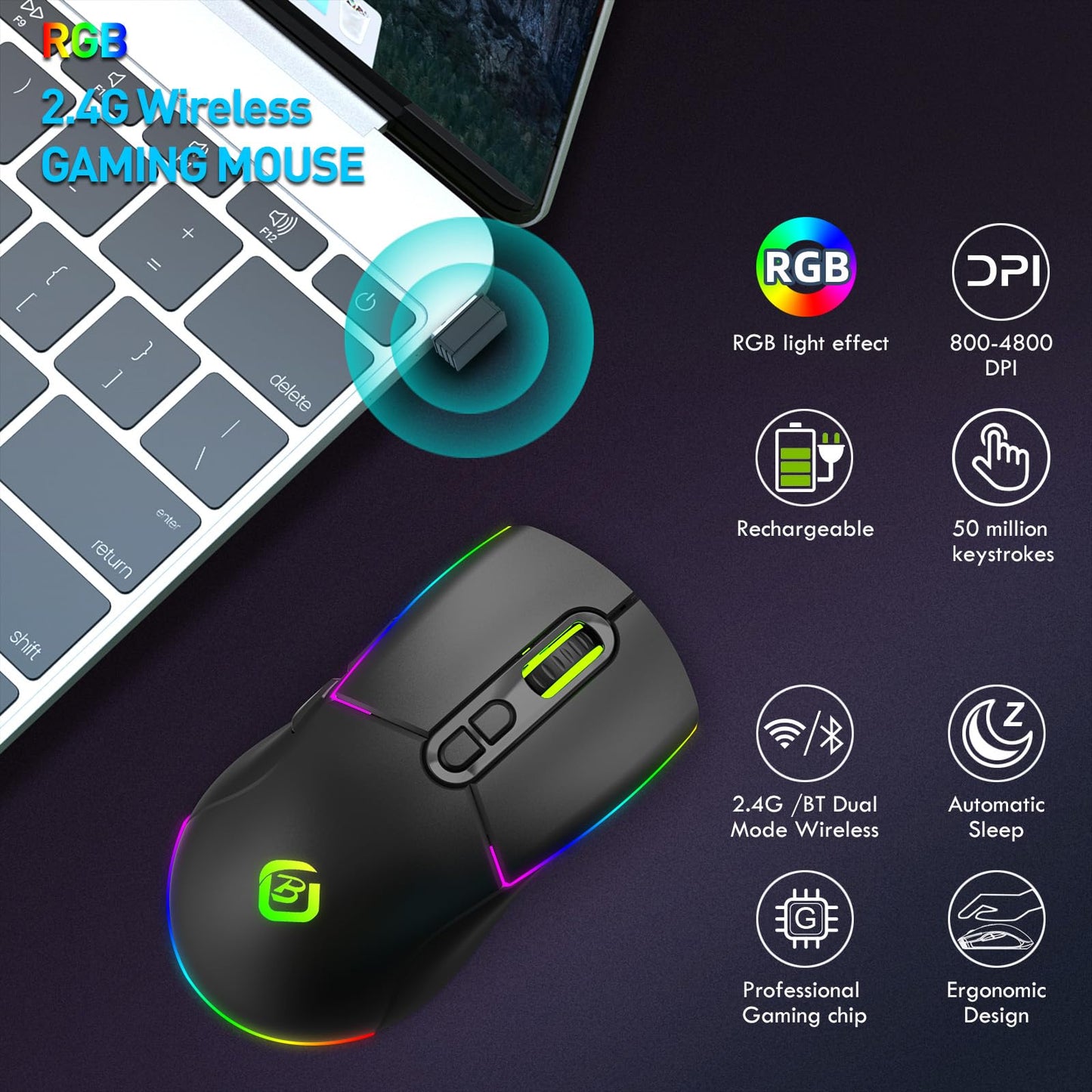 JYCSTE Wireless Gaming Mouse, Dual Mode 2.4GHz/Bluetooth 5.1 Mouse Gaming, Adjustable 4800 DPI, RGB LED Backlit, Ergonomic Mouse with 6 Buttons, Rechargeable Computer Mouse for PC, Mac, Laptop