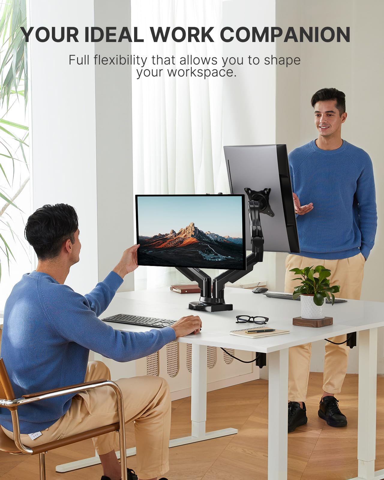 HUANUO Dual Monitor Stand - Adjustable Spring Monitor Desk Mount Swivel Vesa Bracket with C Clamp, Grommet Mounting Base for 13 to 30 Inch Computer Screens - Each Arm Holds 4.4 to 19.8lbs