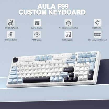 AULA F99 Wireless Mechanical Keyboard, Hot Swappable Custom Keyboard,Pre-lubed Linear Switches,Gasket Structure,RGB Backlit Gaming Keyboard (Blue&White)
