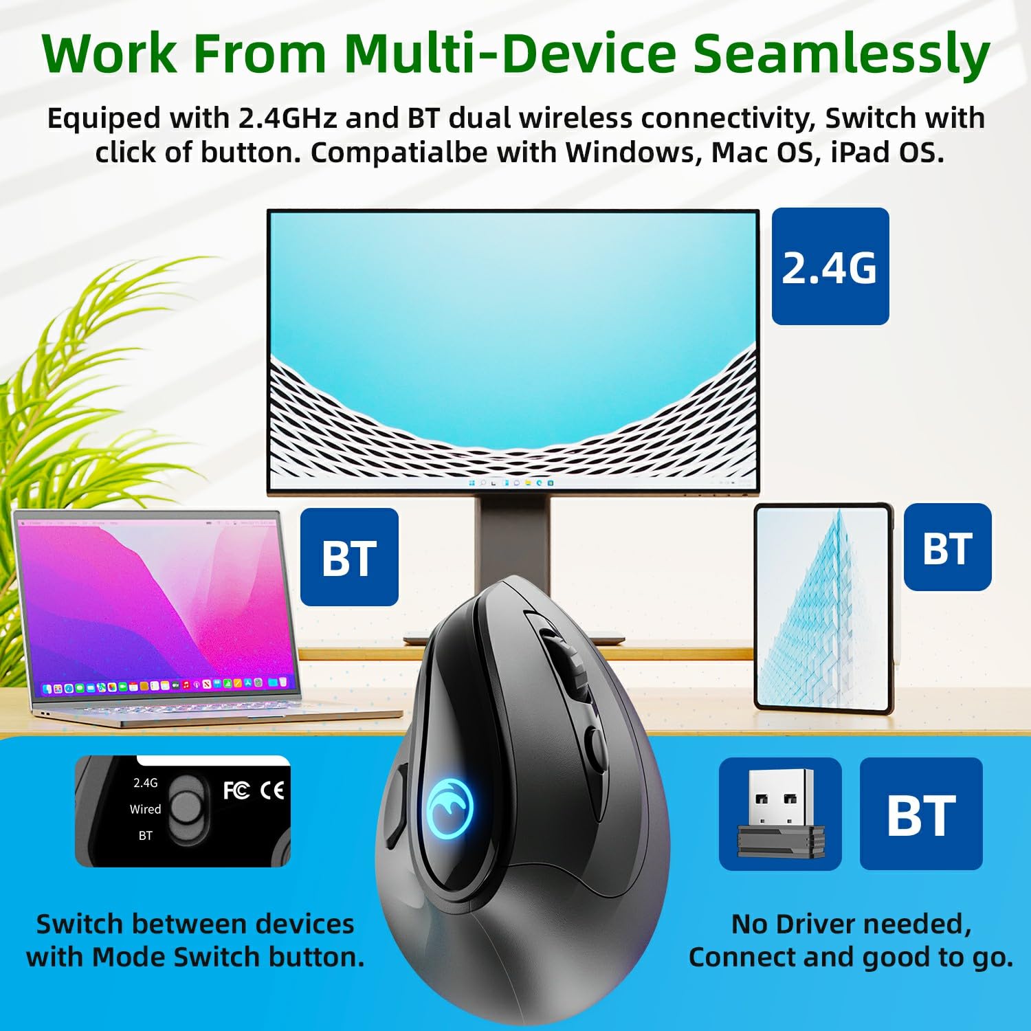 IFYOO 2.4G and BT 5.1 Dual Mode RGB Rechargeable Wireless Vertical Ergonomic Mouse, 5 Side Buttons, Max 8400 DPI, for PC Computer Notebook Laptop, for Windows 11 10, Mac iPad OS, Android - Black - amzGamess