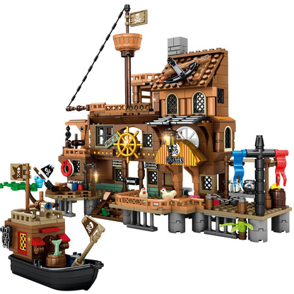 RiceBlock Pirate Ship Set Pirate's Wharf Supply Center Building Brick Toy, for Boys and Girl Ages 8 Years and up, 573 Pcs(Compatible with Lego)