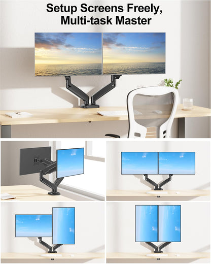 MOUNT PRO Dual Monitor Mount Fits 13 to 32 Inch Computer Screen, Height Adjustable Monitor Stand for 2 Monitors, Gas Spring Monitor Arm Holds up to 17. 6lbs Each, Monitor Desk VESA Mount, Black