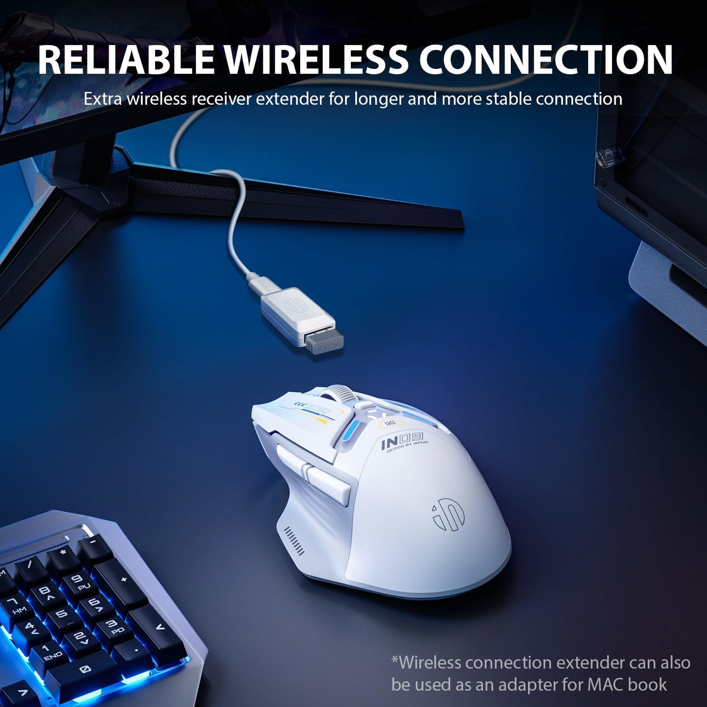 INPHIC IN9 Wireless Gaming Mouse, True Tri-Mode Bluetooth/Type-CWired/2.4G Wireless Mouse, 10000 DPl, Fully Programmable, RGB Backlit, Rechargeable Wireless Computer Mouse for Laptop PC Mac-White-Gray