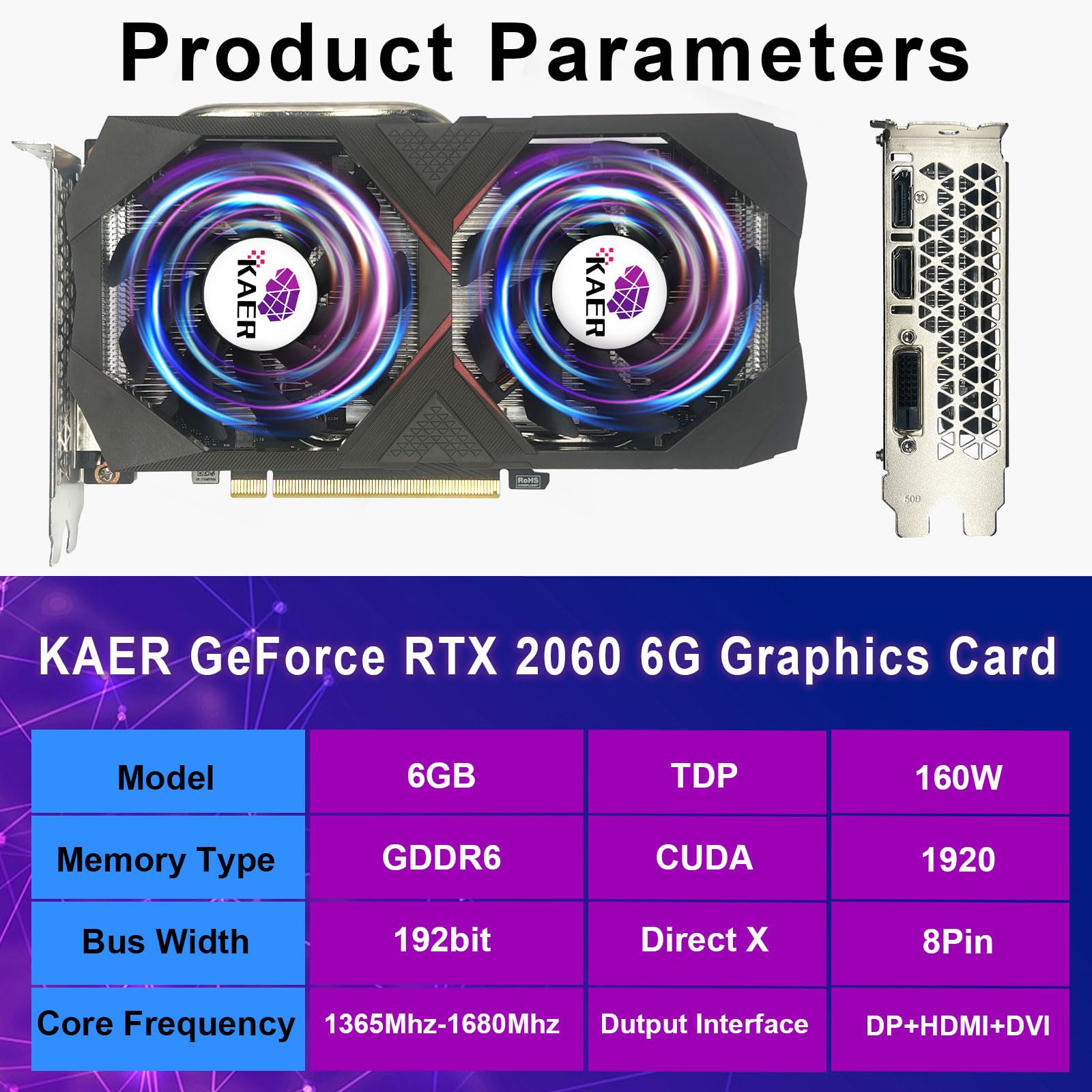 KAER Gaming GeForce RTX 2060 6GB GDRR6 192-Bit PC Graphics Card HDMI/DP/DVI 1680MHz Dual Fans ray-tracing Video Card - amzGamess