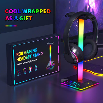 Gaming Headphone Stand PC Accessories - RGB Headset Stand with 2 USB Charger, Cool LED Headphone Holder PC Gaming Accessories Gift for Boys Men Gamers, Computer Game Hardware for Desk - amzGamess