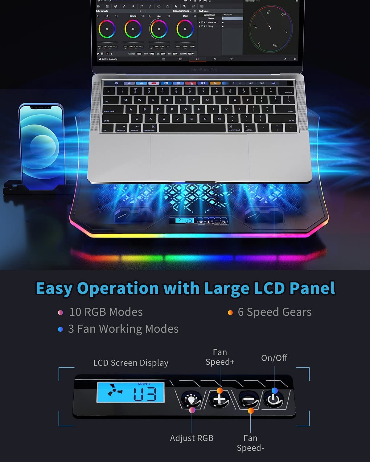 KeiBn Upgarde Laptop Cooling Pad, RGB Lights Laptop Cooler 6 Fans for 15.6-17.3 Inch Laptops, 7 Height Stands, 10 Modes Light, 2 USB Ports, Desk or Lap Use (A8,Blue)