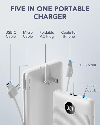 VRURC Portable Charger Built-in Cables and AC Wall Plug, USB C Power Bank 10000mAh, [2023 Upgraded Version] Phone Charger Compact Lightweight External Battery Pack for Smart Phones, Tablets etc-White