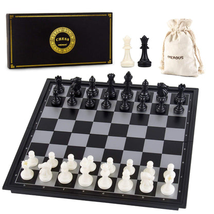 AMEROUS 10 Inches Magnetic Travel Chess Set with Folding Chess Board - 2 Extra Queens - Storage Bag for Pieces - Instructions for Beginner, Kids and Adults