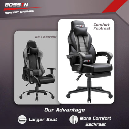 BOSSIN Gaming Chair with Massage, Ergonomic Heavy Duty Design with Footrest and Lumbar Support, Large Size Cushion High Back Office Chair, Big and Tall Gaming Computer Chair for Kids