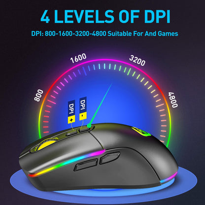 JYCSTE Wireless Gaming Mouse, Dual Mode 2.4GHz/Bluetooth 5.1 Mouse Gaming, Adjustable 4800 DPI, RGB LED Backlit, Ergonomic Mouse with 6 Buttons, Rechargeable Computer Mouse for PC, Mac, Laptop