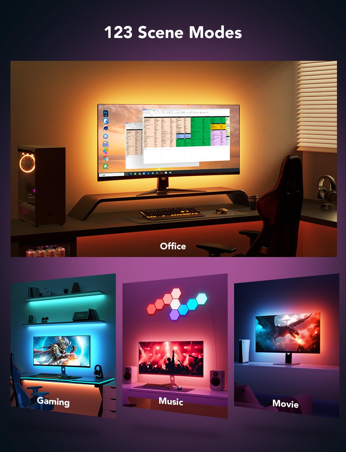 Govee Gaming Light Strip G1 Monitor Backlight for 27-34 Inch PC, Smart RGBIC WiFi LED Lights for Monitors with Color Matching, Adapts to Curved Monitors, Double Strip Light Beads with 123 Scene Modes