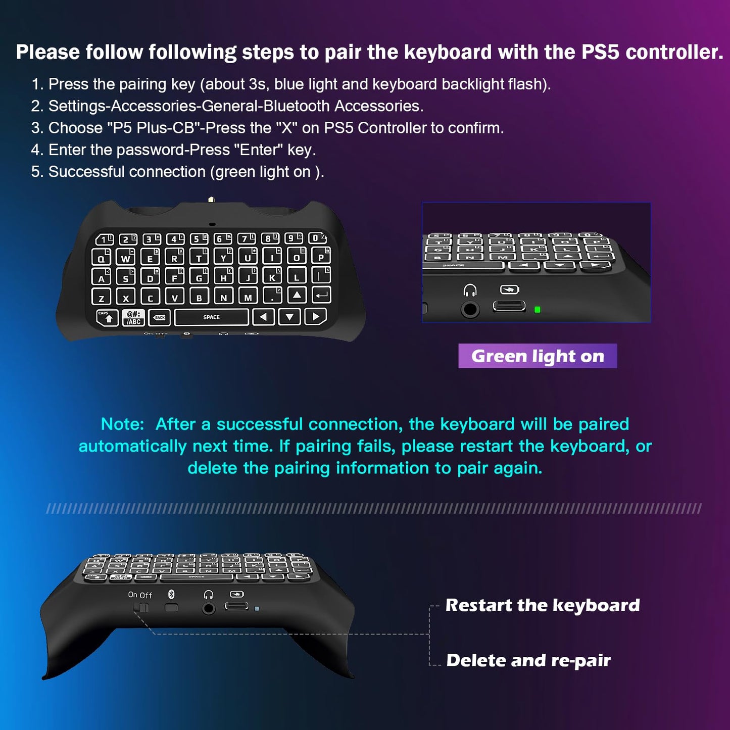 TiMOVO Multi-color RGB Backlight Keyboard for PS5 Controller, Wireless Bluetooth Keypad Chatpad for Playstation 5 Controller, Mini PS5 Game Keyboard Built-in Speaker with 3.5mm Audio Jack, Black - amzGamess