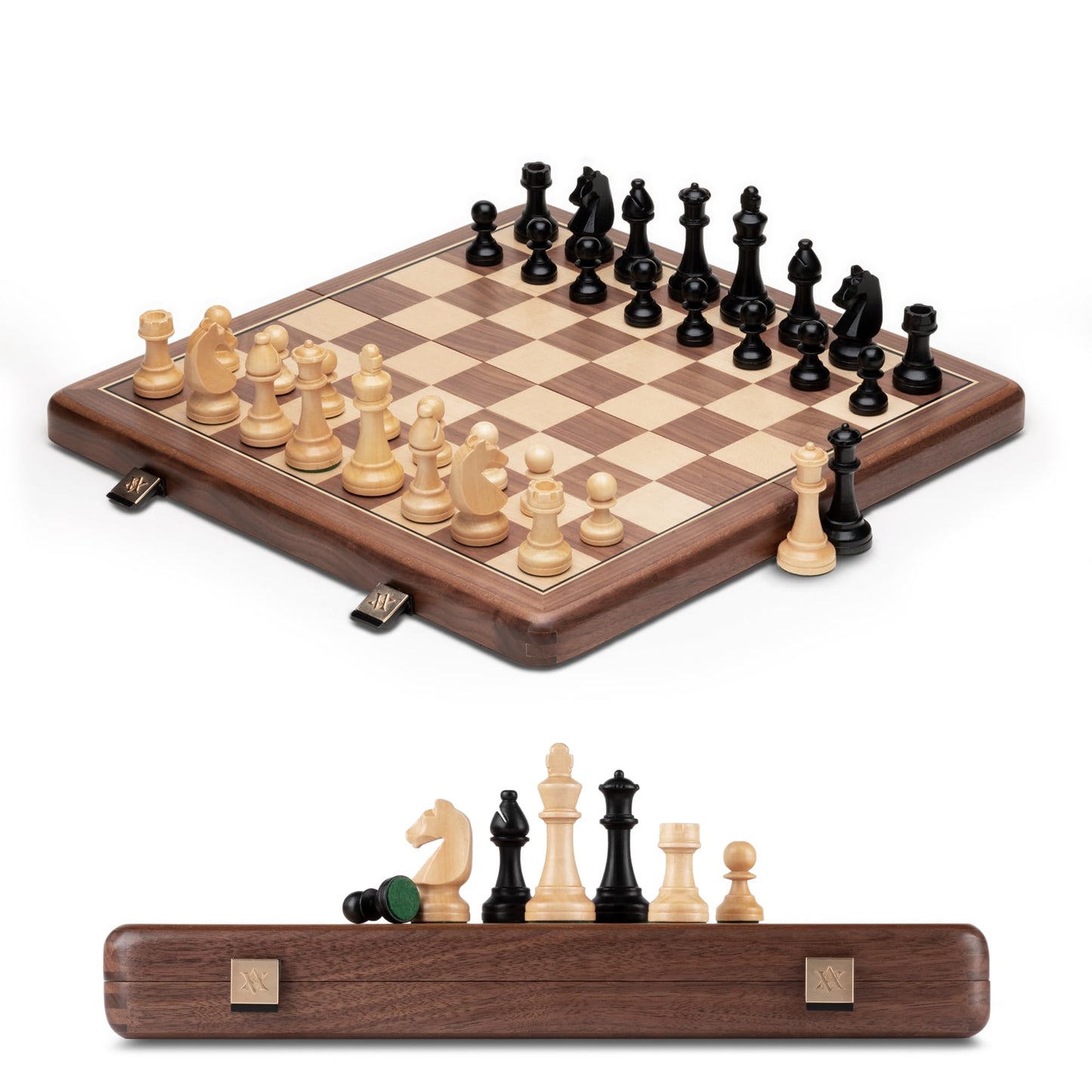 A&A 15 inch Wooden Folding Chess Set w/ 3 inch King Height Staunton Chess Pieces / 2 Extra Queens - Natural Walnut Wood w/Storage Bag