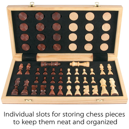 AMEROUS 15'' Wooden Chess & Checkers Set, 2 in 1 Board Games -2 Extra Queens -24 Cherkers Pieces - Gift Box Packed - Chessmen Storage Slots, Beginner Chess Set for Kids and Adults