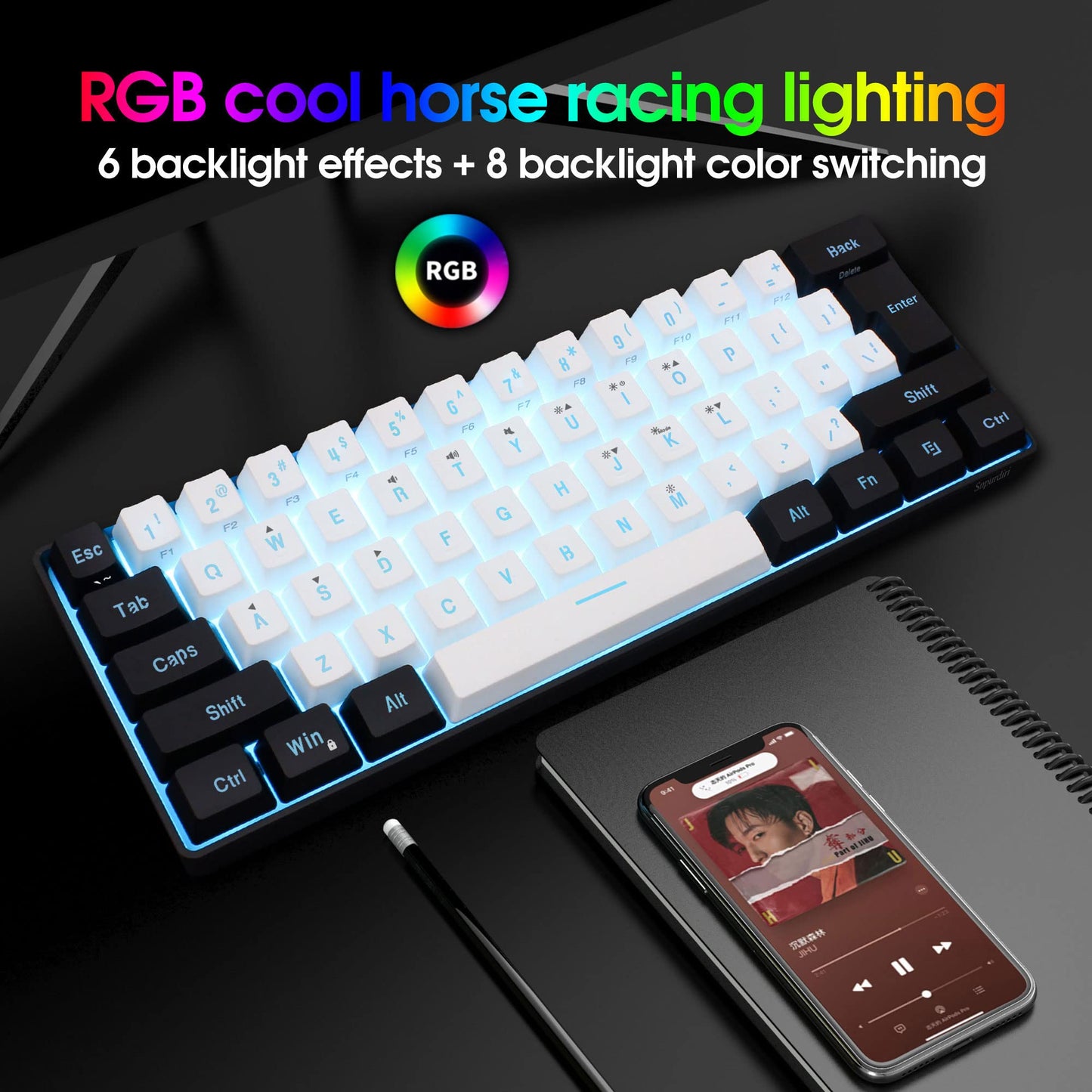 Snpurdiri 60% Wired Gaming Keyboard, RGB Backlit Mini Keyboard, Waterproof Small Ultra-Compact 61 Keys Keyboard for PC/Mac Gamer, Typist, Travel, Easy to Carry on Business Trip(Black-White) - amzGamess