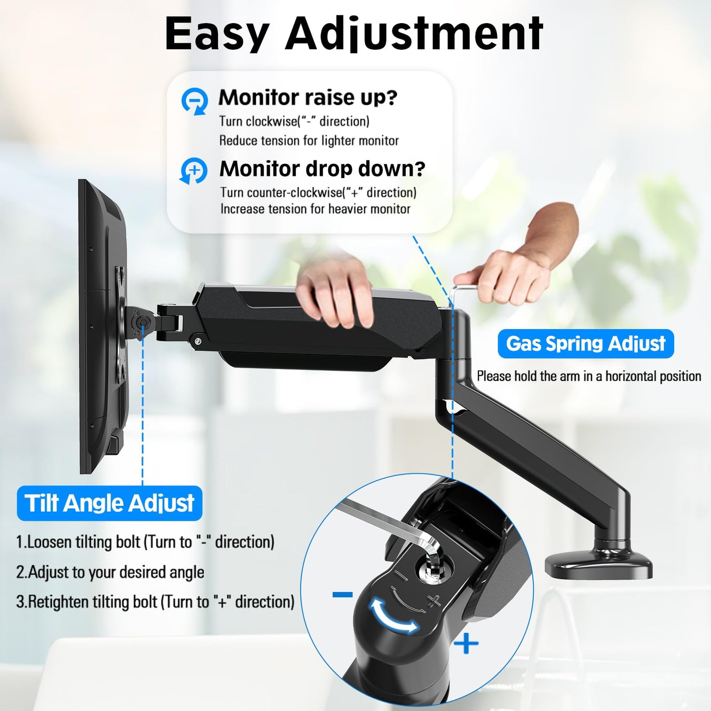 MOUNTUP Single Monitor Desk Mount, Adjustable Gas Spring Monitor Arm Support Max 32 Inch, 4.4-17.6lbs Screen, Computer Monitor Stand Holder with Clamp/Grommet Mounting Base, VESA Mount Bracket, Black