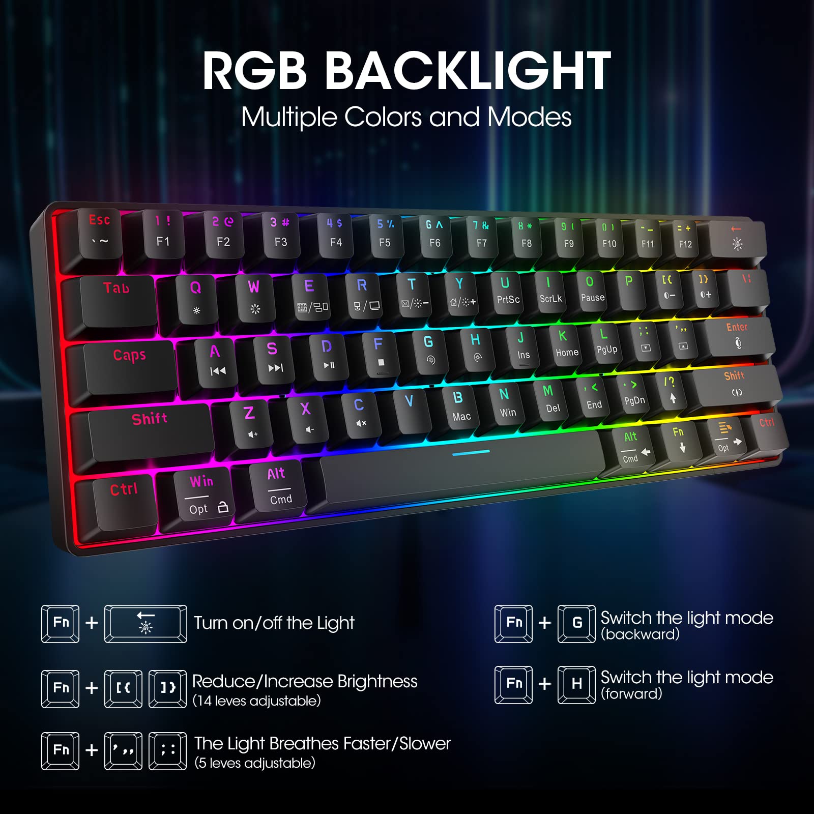 KOORUI 60% Gaming Keyboards, 61 Keys Wired Ultra-Compact Mechanical Keyboard 26 RGB Backlit with Red Switch Mini Keyboards for Windows MacOS Linux - amzGamess
