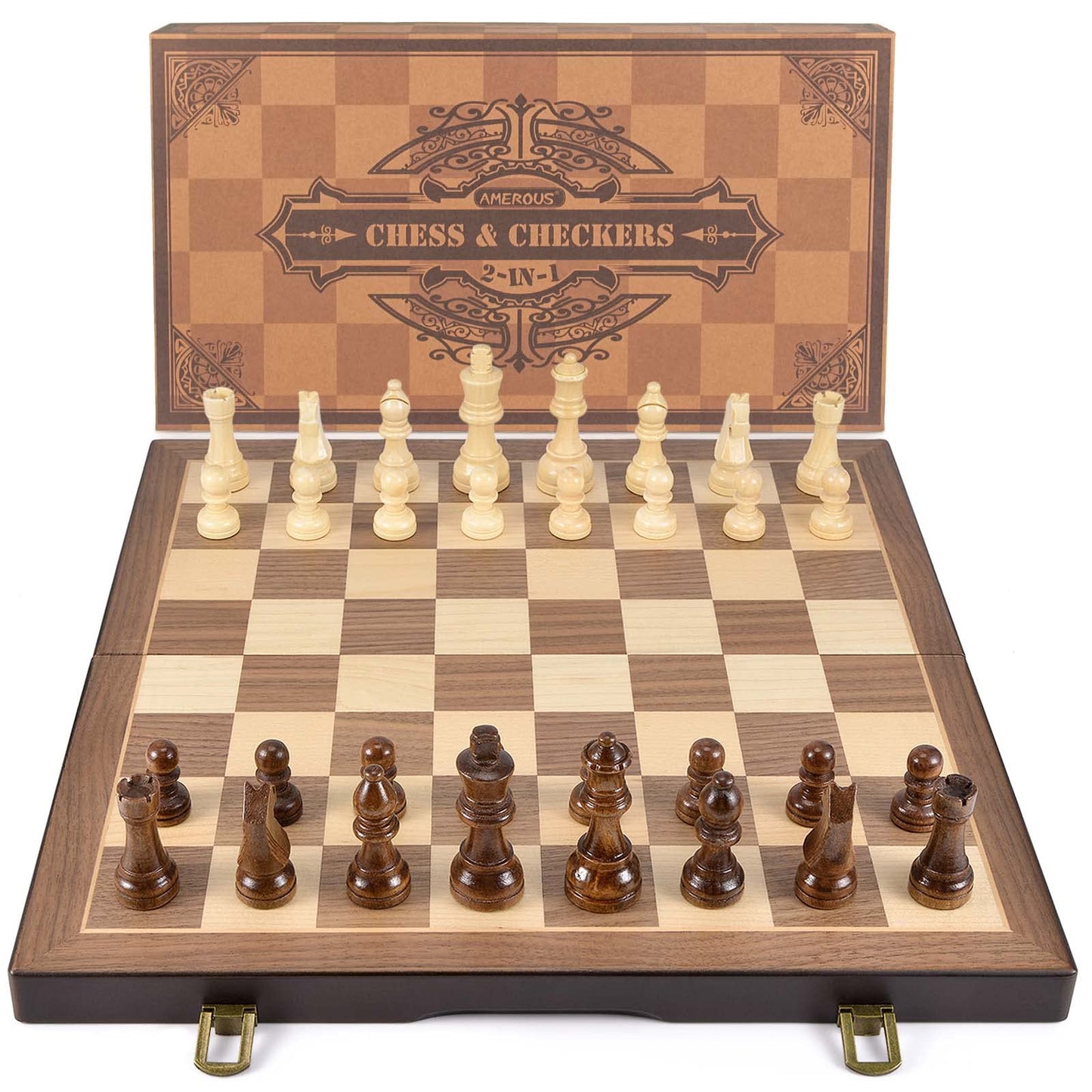 AMEROUS Magnetic Wooden Chess and Checkers Game Set, 15 Inches (2 in 1) Chess Board Games, 2 Extra Queens - Gift Package - Game Pieces Storage Slots, Beginner Chess Set for Kids, Adults - amzGamess