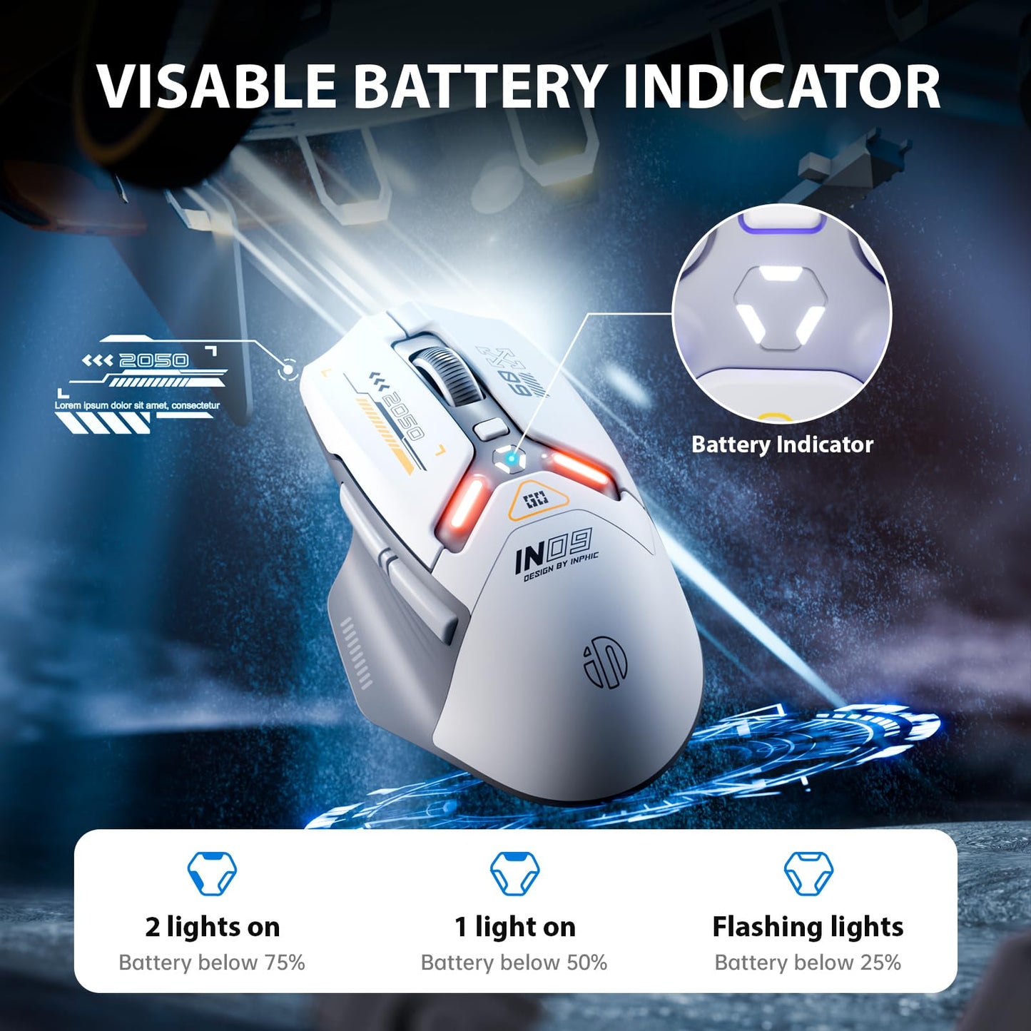 INPHIC IN9 Wireless Gaming Mouse, True Tri-Mode Bluetooth/Type-CWired/2.4G Wireless Mouse, 10000 DPl, Fully Programmable, RGB Backlit, Rechargeable Wireless Computer Mouse for Laptop PC Mac-White-Gray
