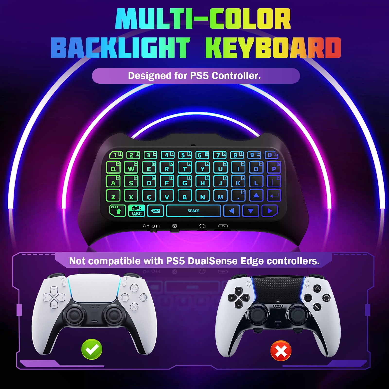 TiMOVO Multi-color RGB Backlight Keyboard for PS5 Controller, Wireless Bluetooth Keypad Chatpad for Playstation 5 Controller, Mini PS5 Game Keyboard Built-in Speaker with 3.5mm Audio Jack, Black - amzGamess