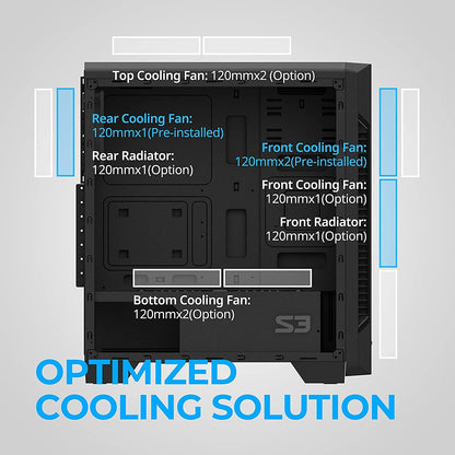 Zalman S3 TG - ATX Mid Tower Computer PC Case - Tempered Glass Side Panel - 3 x 120mm Case Fan Pre-Installed, Black