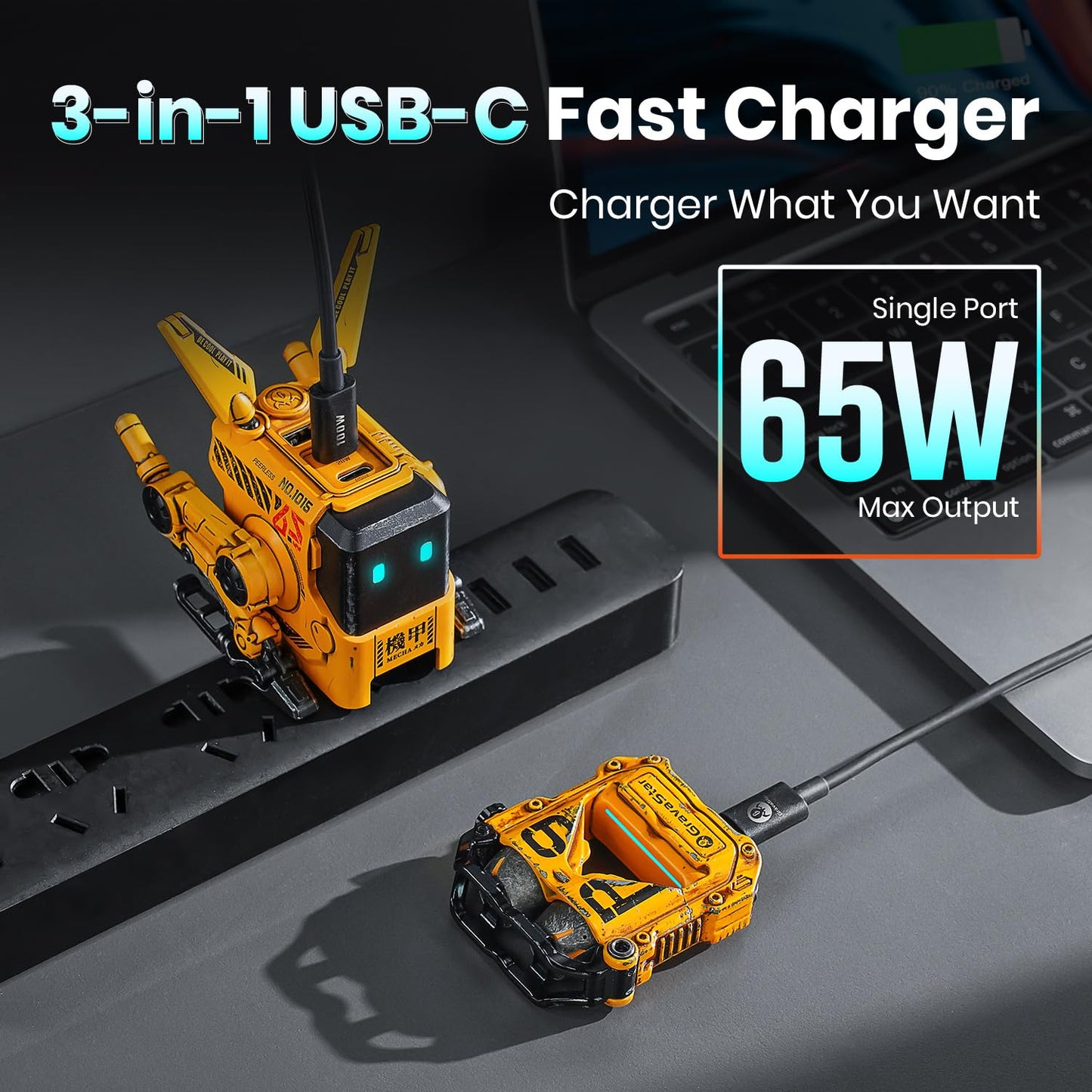 GravaStar 65W USB C Charger, Alpha65 Robot Fast GaN Charger Block, 3-Port Fast Power Adapter, Foldable Compact Wall USB C Charger for iPhone, MacBook, iPad, Galaxy S23/S24, Steam Deck (65W, Yellow)