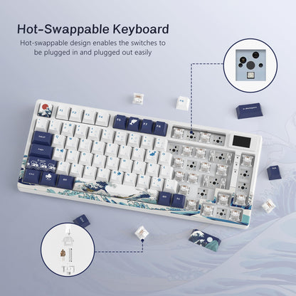 Womier S-K80 75% Keyboard with Color Multimedia Display Mechanical Gaming Keyboard, Hot Swappable Keyboard, Gasket Mount RGB Custom Keyboard, Pre-lubed Stabilizer for Mac/Win, White Kanagawa Theme