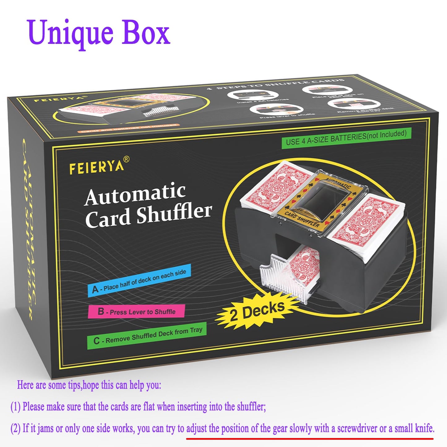 FEIERYA Automatic Card Shuffler 2 Deck,Battery-Operated Electric UNO Poker Shuffler,Playing Card Shuffler for Home Card Game,Travel