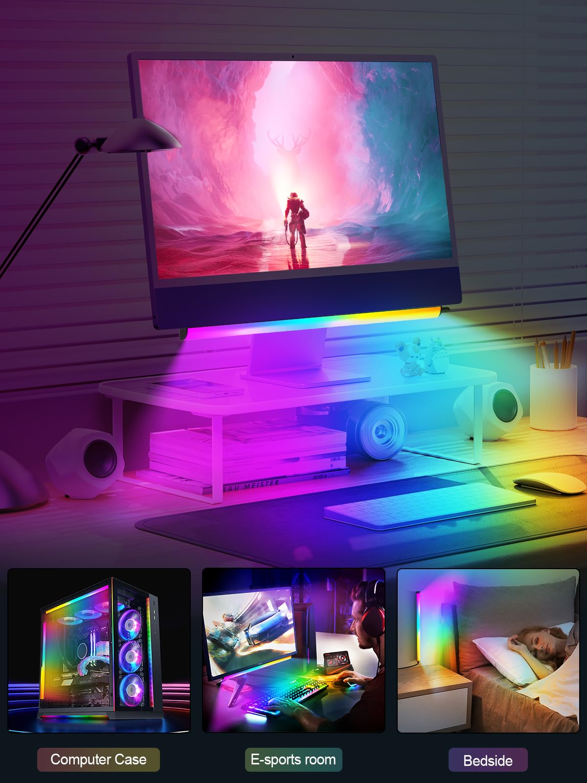 KANTUTOE Monitor Down Light Bar, RGB Screen Desk Light PC, Dimmable LED Dynamic Rainbow Effect, Adjustable Brightness, Speed and Music, Remote Control Color Change, for Game Room